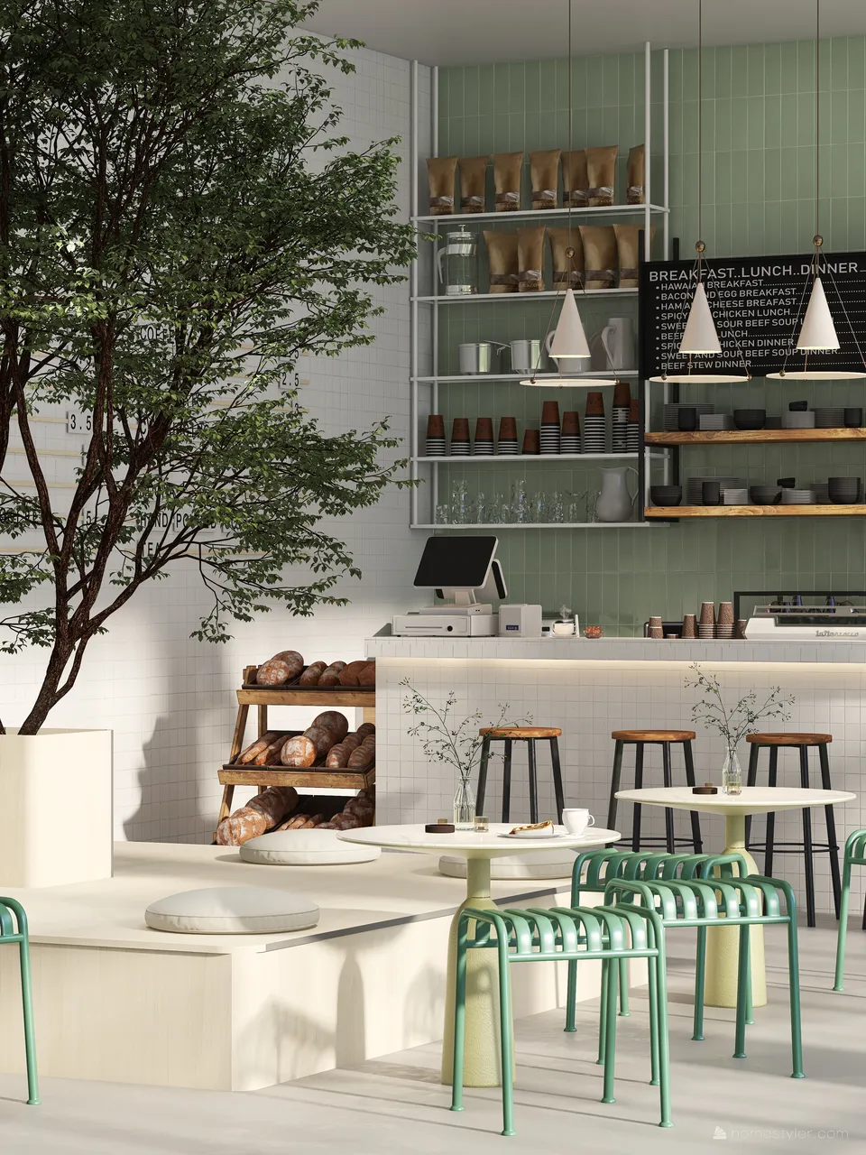 Contemporary Cafe Design Green 3d design renderings