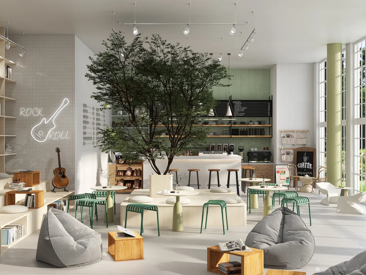 Contemporary Cafe Design Green 3d design renderings