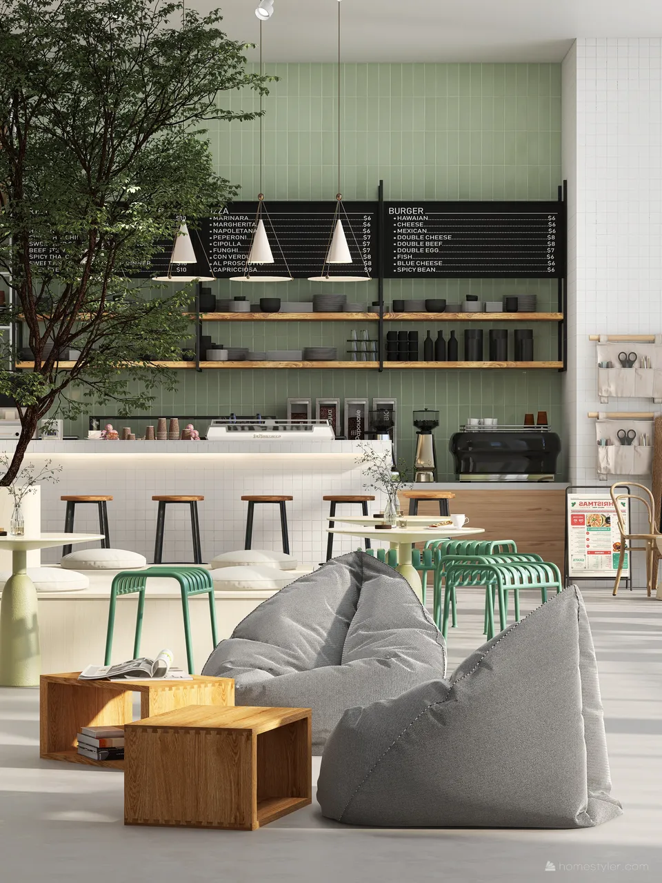 Contemporary Cafe Design Green 3d design renderings