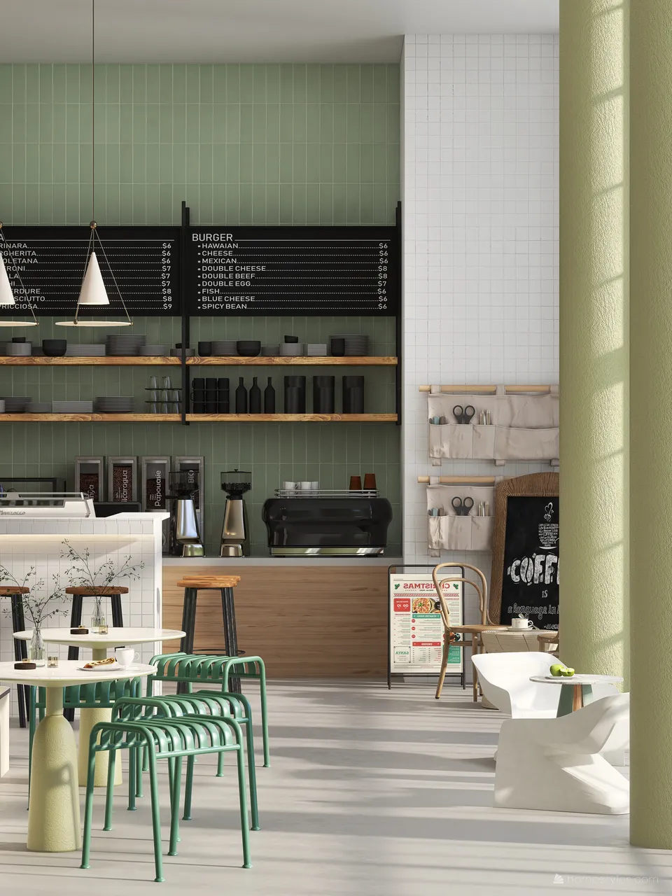 Contemporary Cafe Design Green 3d design renderings
