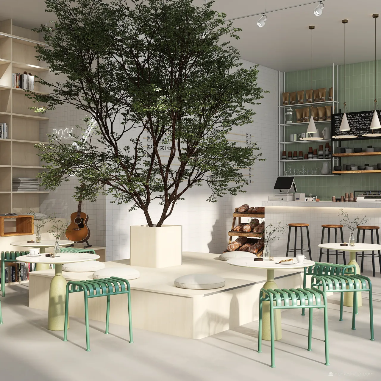 Contemporary Cafe Design Green 3d design renderings
